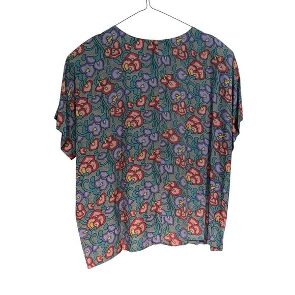 Vintage 90s (?) Tropical Floral Print Henley Rayon Blouse Top Women Large Granny - Picture 3 of 6